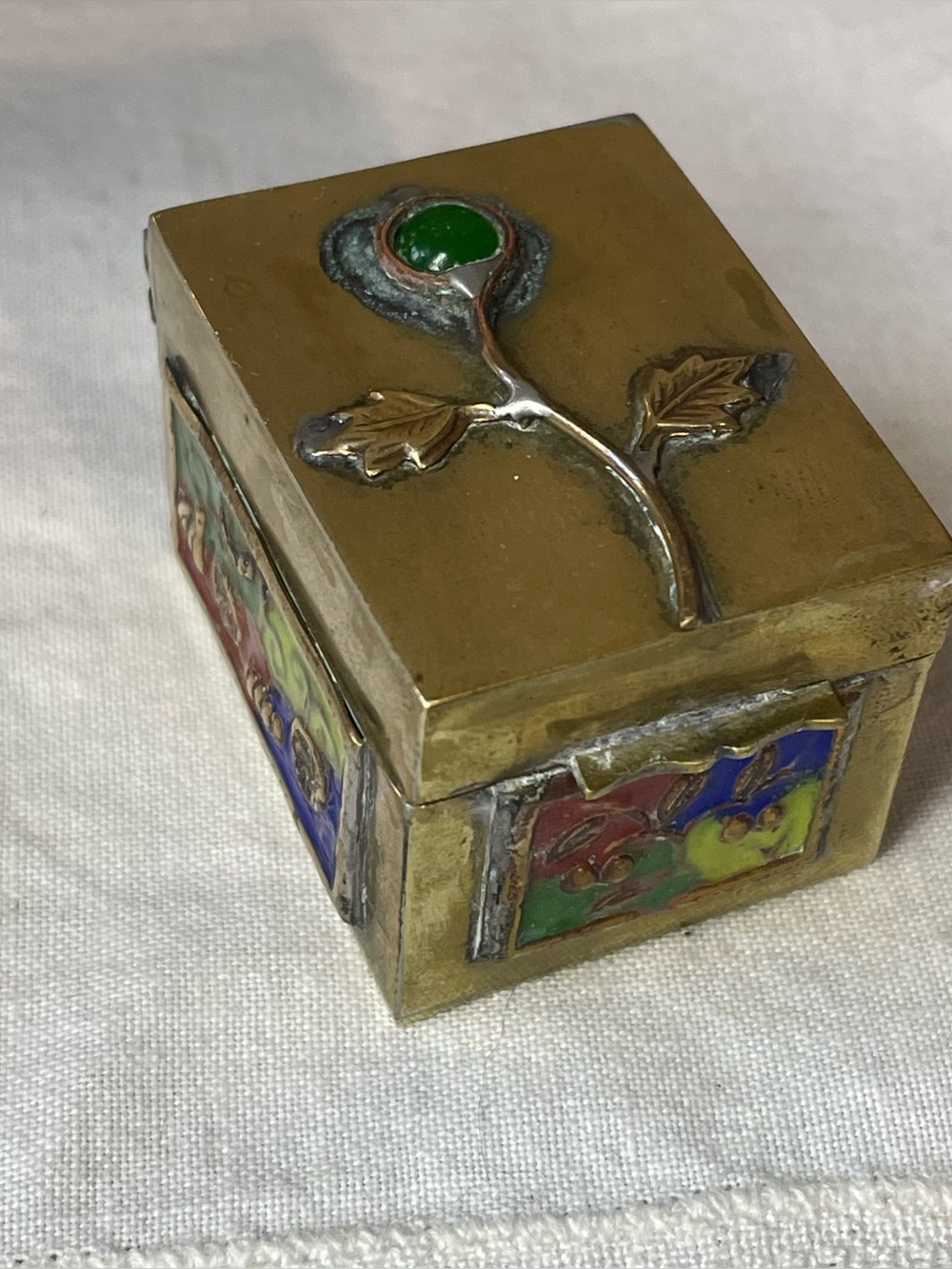 Vintage gold brass pill box enamel flowers